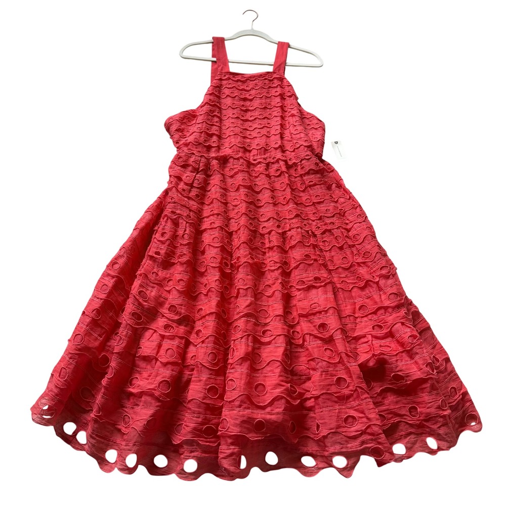 NWT Anthropologie Maeve Red Eyelet Layered Ruffle Midi Dress 14 Romantic Cottage